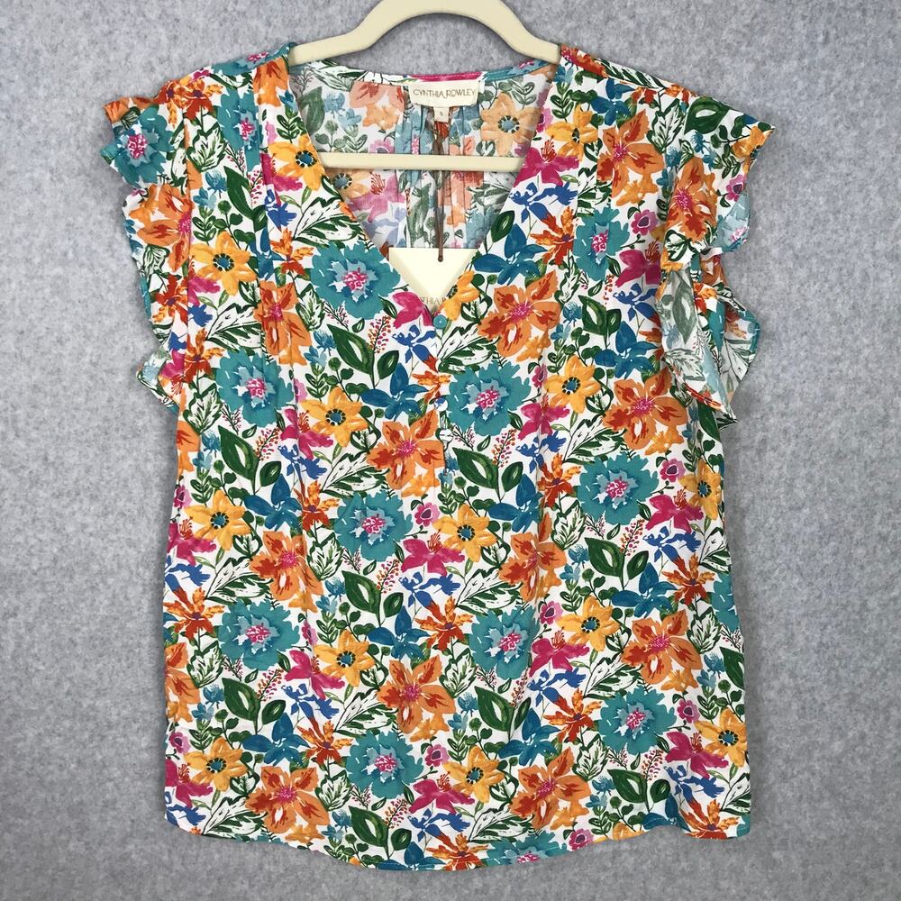Cynthia Rowley Blouse Small Floral Flutter Pintuck Maximalist Career Church Twee